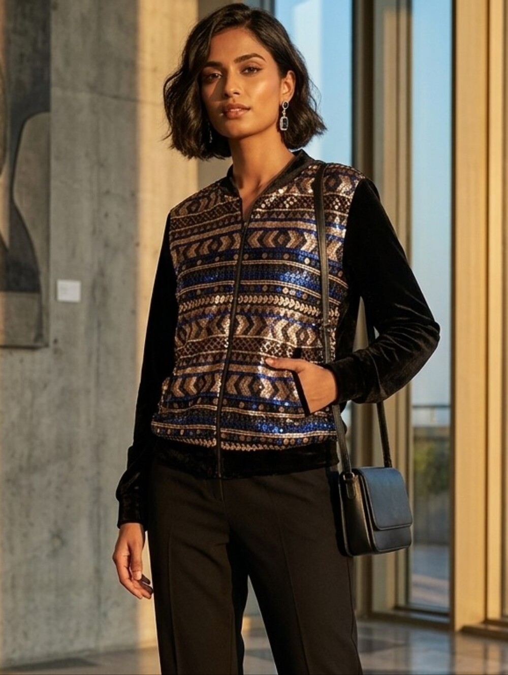 Velvet Sequined Geometric Bomber Jacket Full Zip Bronze Dark Blue Size M
